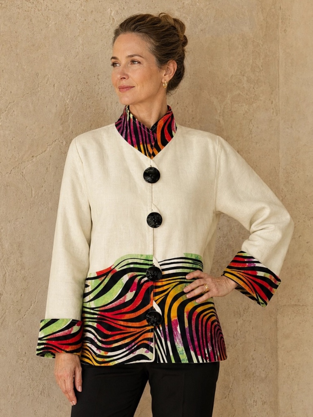 Caroline Rose 100% Linen Jacket L Made USA Colorful Trim Boutique Blazer